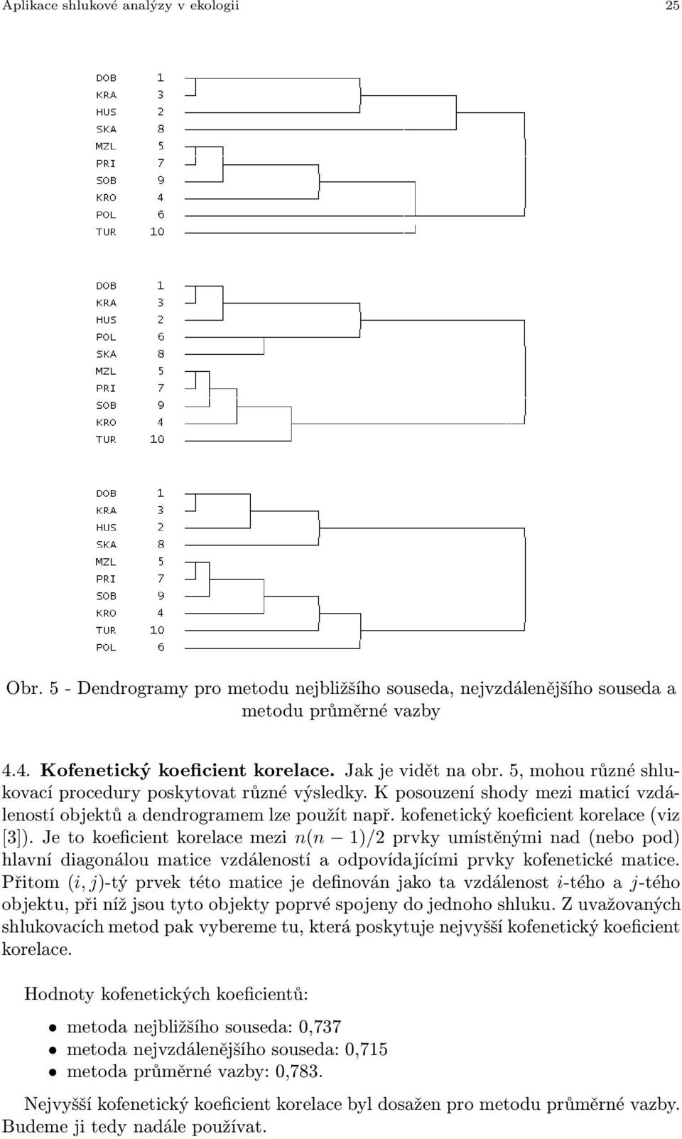 Je to koeficient korelace mezi n(n )/2 prvky umístěnými nad (nebo pod) hlavní diagonálou matice vzdáleností a odpovídajícími prvky kofenetické matice.