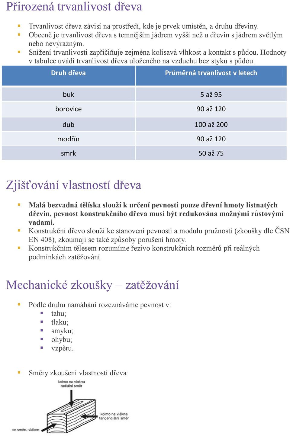 Hodnoty v tabulce uvádí trvanlivost dřeva uloženého na vzduchu bez styku s půdou.