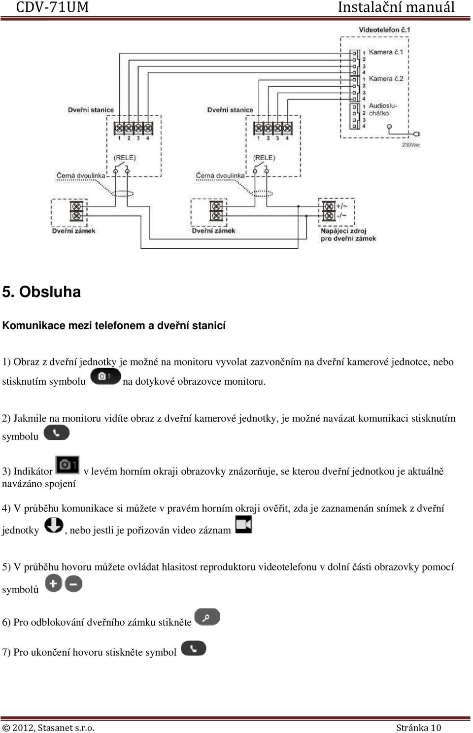 2) Jakmile na monitoru vidíte obraz z dveřní kamerové jednotky, je možné navázat komunikaci stisknutím symbolu 3) Indikátor v levém horním okraji obrazovky znázorňuje, se kterou dveřní jednotkou je
