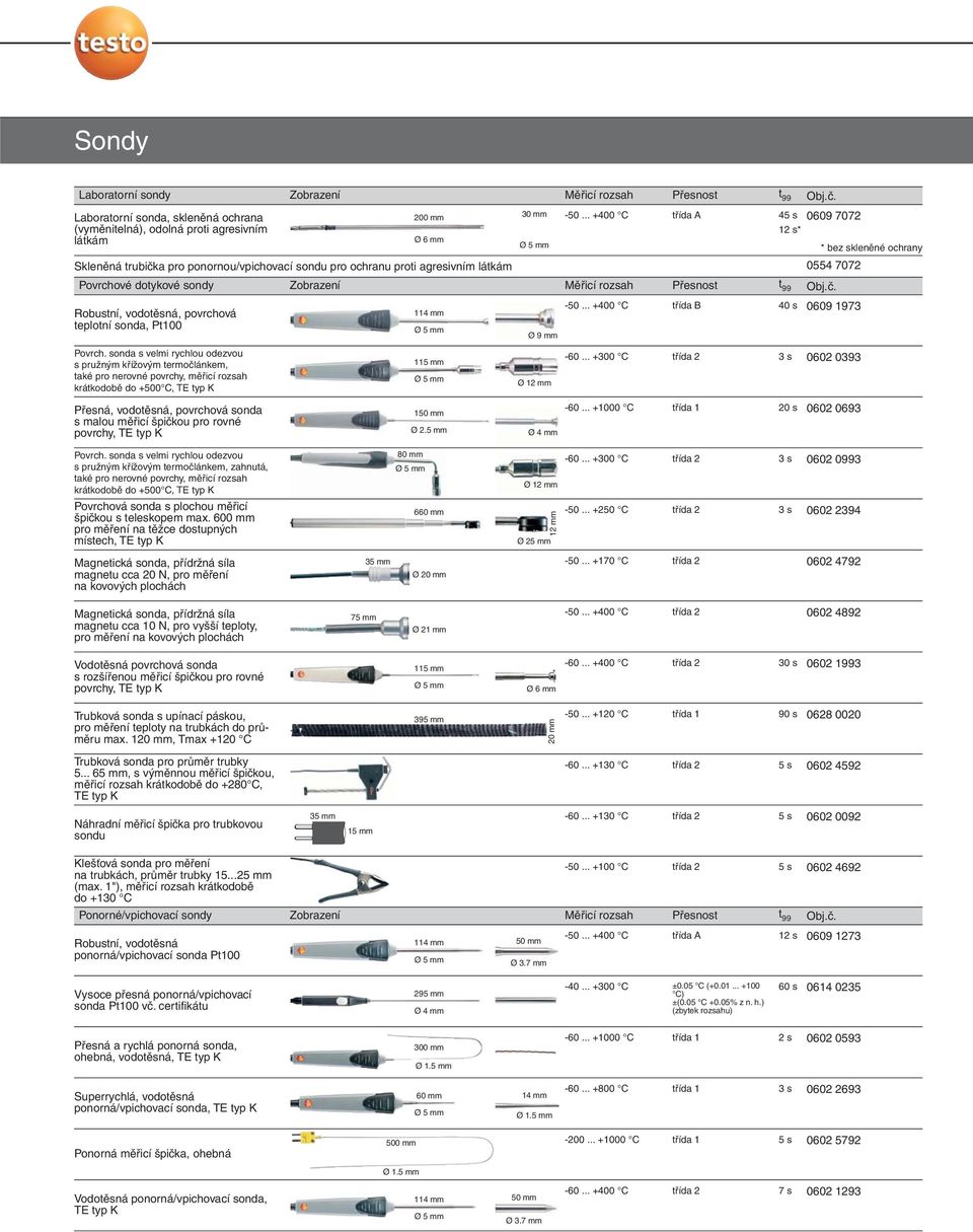 0554 7072 Povrchové dotykové sondy Měřicí rozsah Přesnost t 99 Robustní, vodotěsná, povrchová 114 mm -50... +400 C třída B 40 s 0609 1973 teplotní sonda, Pt100 Ø 9 mm Povrch.