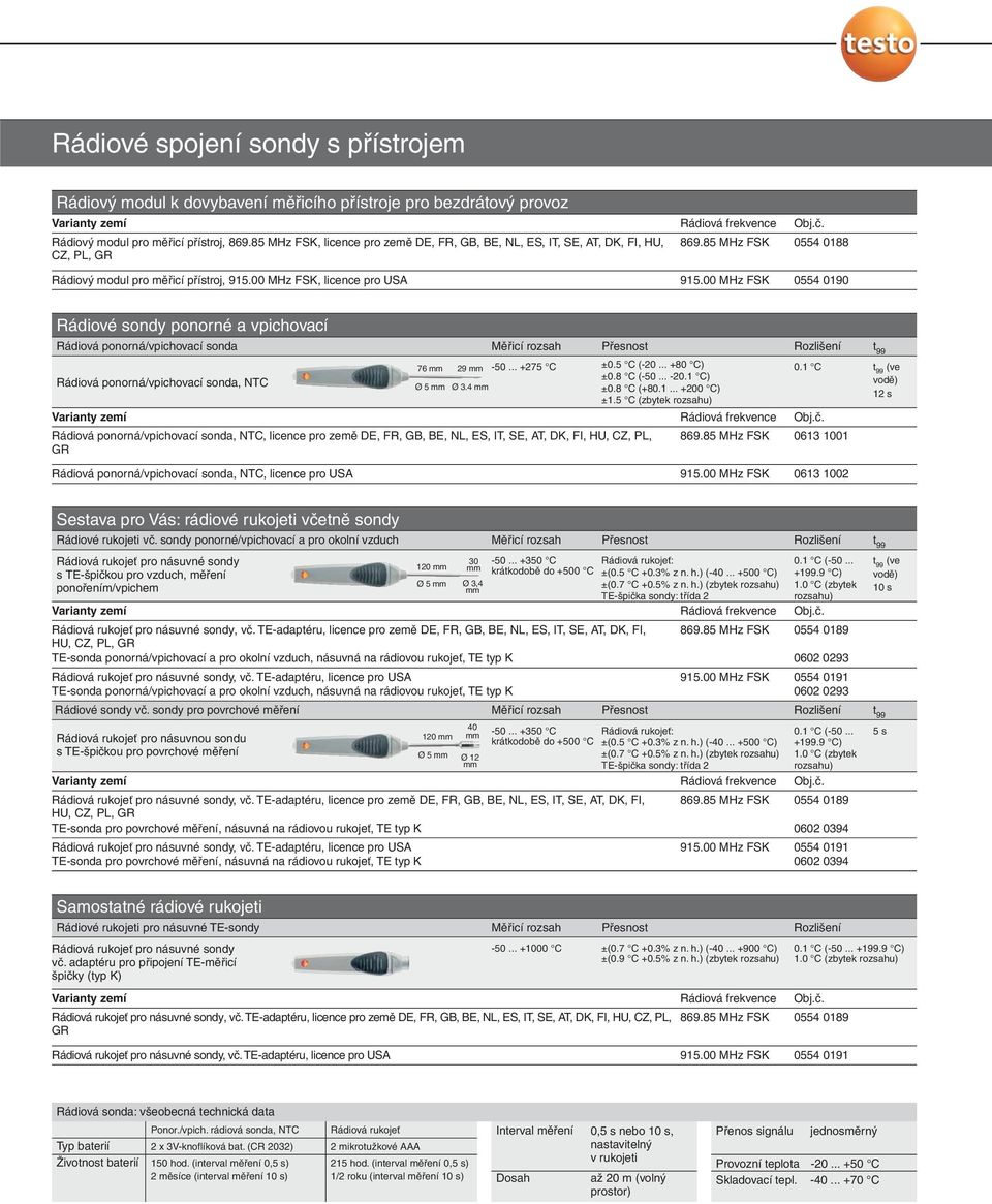 00 MHz FSK 0554 0188 0554 0190 Rádiové sondy ponorné a vpichovací Rádiová ponorná/vpichovací sonda Měřicí rozsah Přesnost Rozlišení t 99 Rádiová ponorná/vpichovací sonda, NTC 76 mm 29 mm -50.