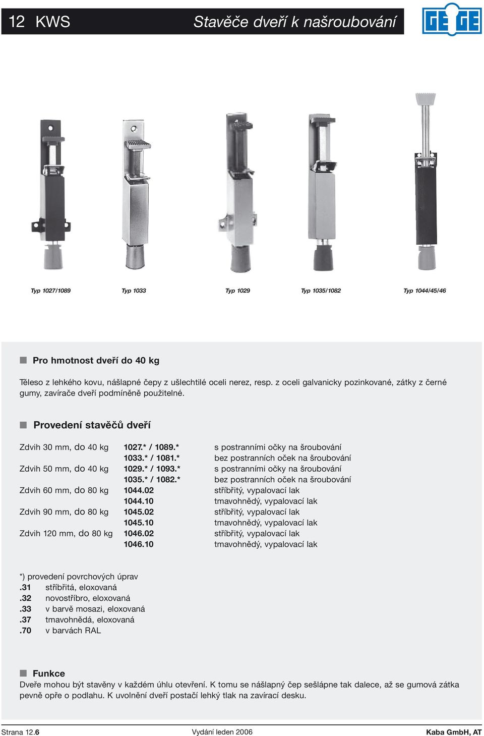 * s postranními očky na šroubování 1033.* / 1081.* bez postranních oček na šroubování Zdvih 50 mm, do 40 kg 1029.* / 1093.* s postranními očky na šroubování 1035.* / 1082.