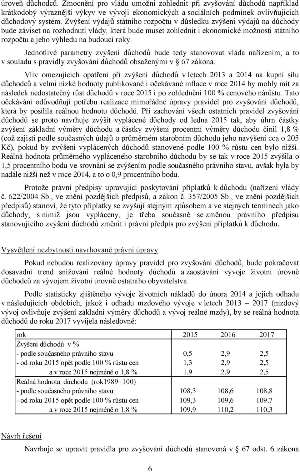 roky. Jednotlivé parametry zvýšení důchodů bude tedy stanovovat vláda nařízením, a to v souladu s pravidly zvyšování důchodů obsaženými v 67 zákona.