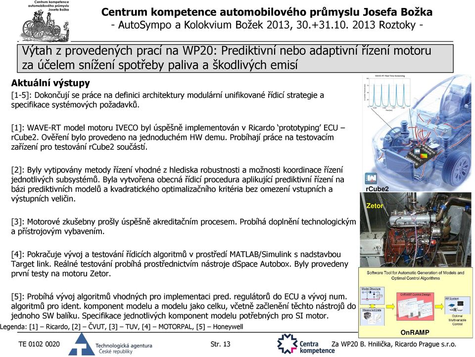 Probíhají práce na testovacím zařízení pro testování rcube2 součástí. [2]: Byly vytipovány metody řízení vhodné z hlediska robustnosti a možnosti koordinace řízení jednotlivých subsystémů.