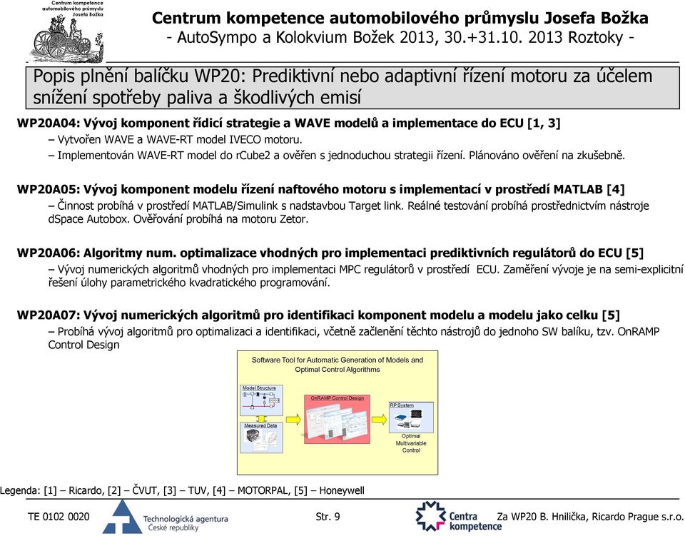 WP20A05: Vývoj komponent modelu řízení naftového motoru s implementací v prostředí MATLAB [4] Činnost probíhá v prostředí MATLAB/Simulink s nadstavbou Target link.