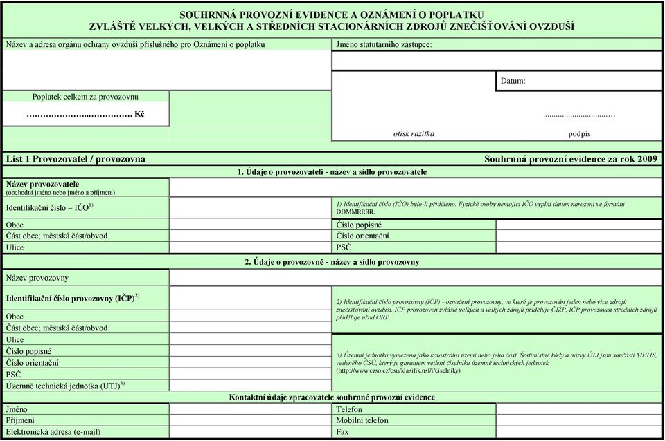 .. otisk razítka podpis List 1 Provozovatel / provozovna Souhrnná provozní evidence za rok 2009 Název provozovatele (obchodní jméno nebo jméno a příjmení) Identifikační číslo IČO 1) Obec Část obce;