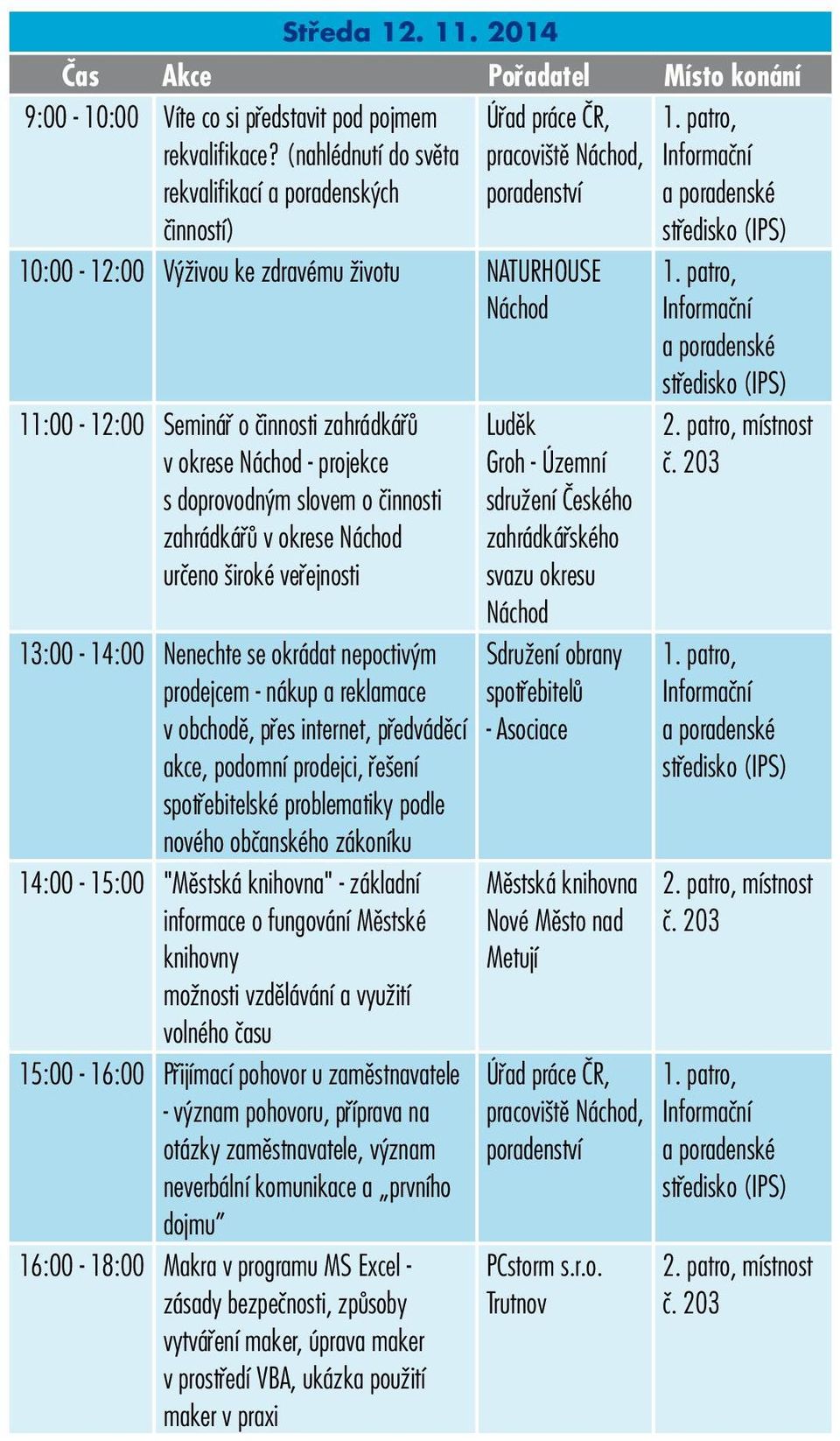 - projekce s doprovodným slovem o činnosti zahrádkářů v okrese určeno široké veřejnosti 13:00-14:00 Nenechte se okrádat nepoctivým prodejcem - nákup a reklamace v obchodě, přes internet, předváděcí