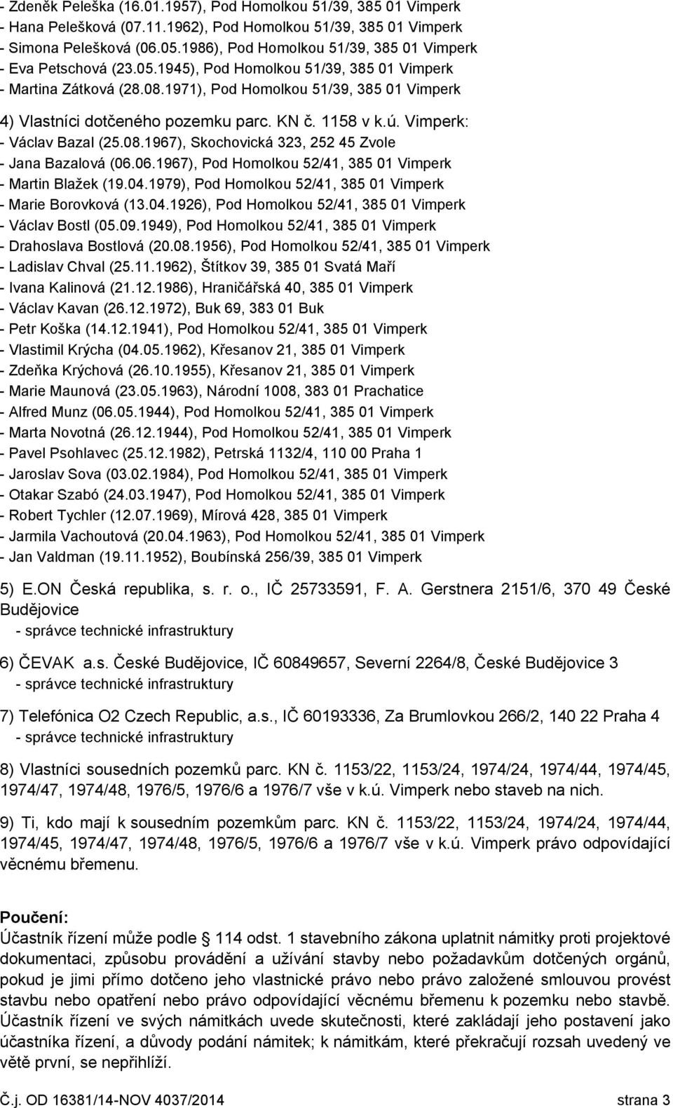 1971), Pod Homolkou 51/39, 385 01 Vimperk 4) Vlastníci dotčeného pozemku parc. KN č. 1158 v k.ú. Vimperk: - Václav Bazal (25.08.1967), Skochovická 323, 252 45 Zvole - Jana Bazalová (06.