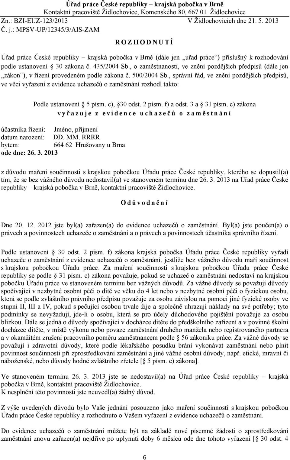 , o zaměstnanosti, ve znění pozdějších předpisů (dále jen zákon ), v řízení provedeném podle zákona č. 500/2004 Sb.