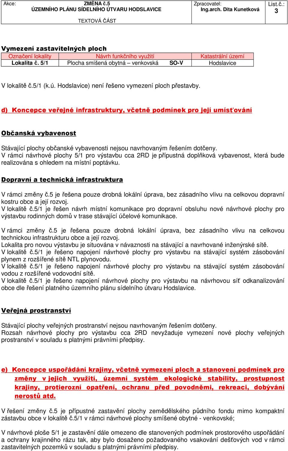 V rámci návrhové plochy 5/1 pro výstavbu cca 2RD je přípustná doplňková vybavenost, která bude realizována s ohledem na místní poptávku. Dopravní a technická infrastruktura V rámci změny č.