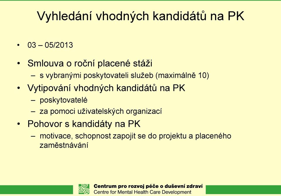 kandidátů na PK poskytovatelé za pomoci uživatelských organizací Pohovor s