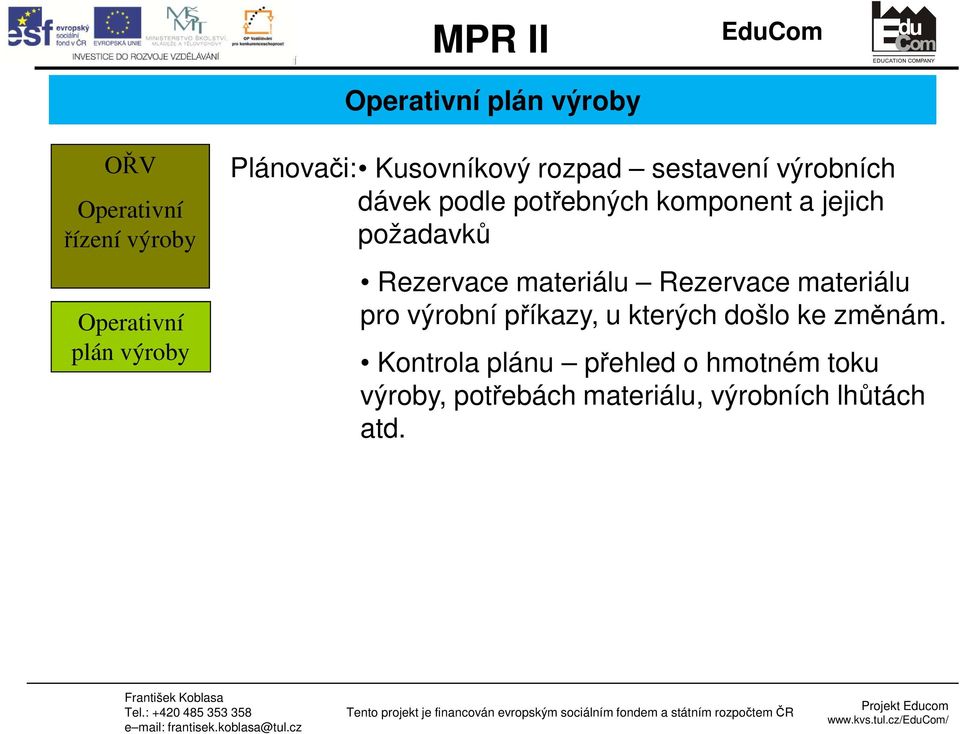 jejich požadavků Rezervace materiálu Rezervace materiálu pro výrobní příkazy, u kterých