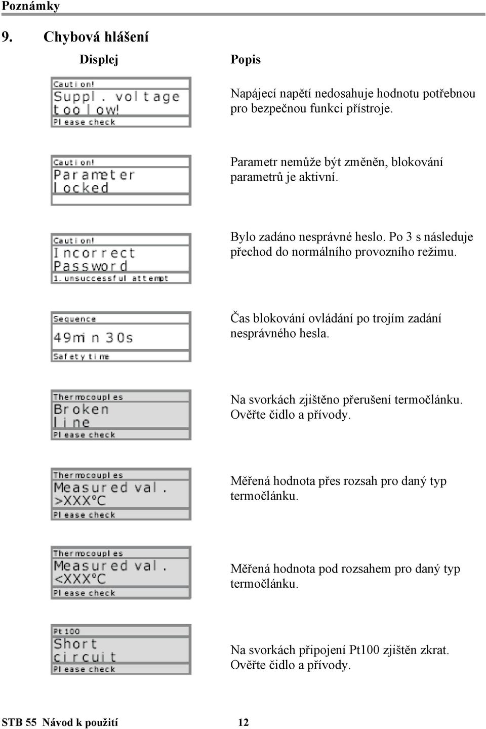 Čas blokování ovládání po trojím zadání nesprávného hesla. Na svorkách zjištěno přerušení termočlánku. Ověřte čidlo a přívody.