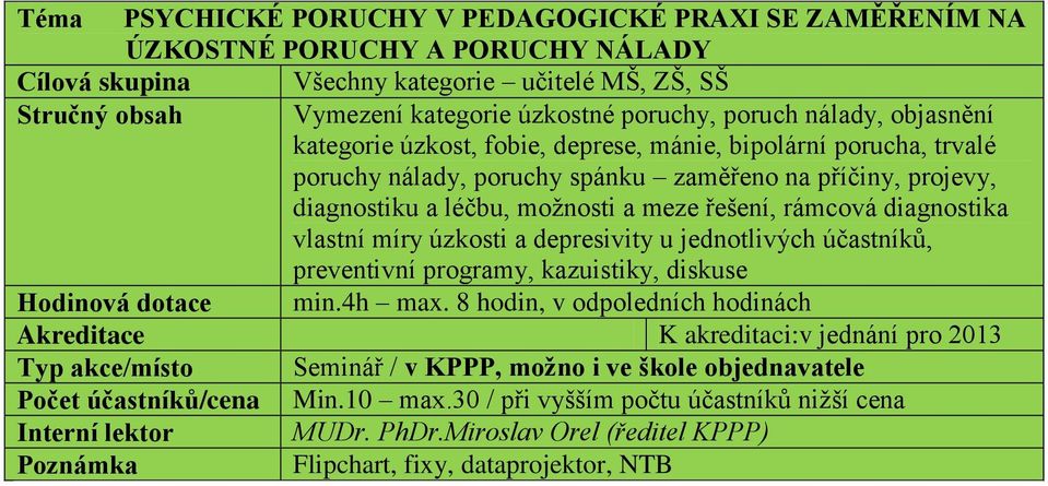 diagnostika vlastní míry úzkosti a depresivity u jednotlivých účastníků, preventivní programy, kazuistiky, diskuse Hodinová dotace min.4h max.