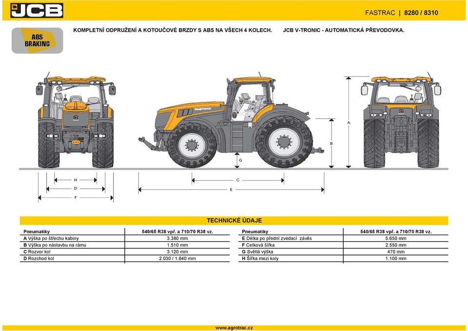 380 mm E Délka po přední zvedací závěs 5.650 mm B Výška po nástavbu na rámu 1.510 mm F Celková šířka 2.