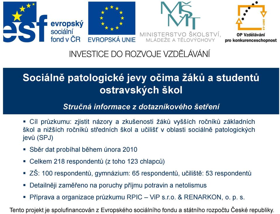 Sběr dat probíhal během února 2010 Celkem 218 respondentů (z toho 123 chlapců) ZŠ: 100 respondentů, gymnázium: 65 respondentů, učiliště: