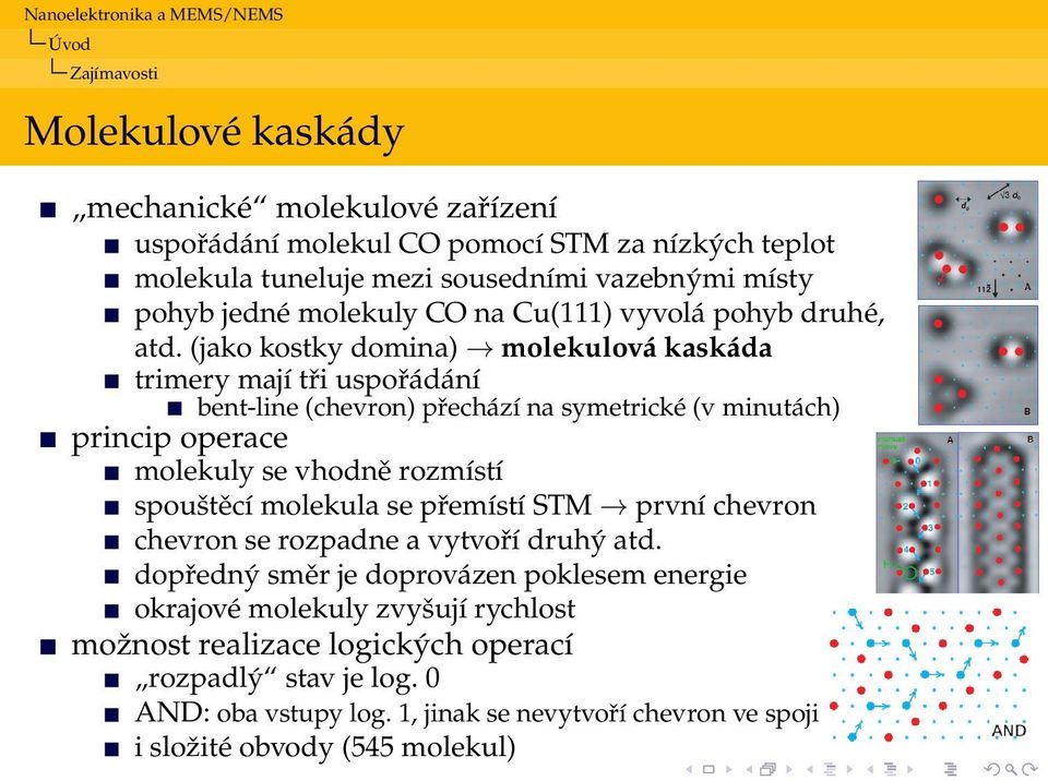 (jako kostky domina) molekulová kaskáda trimery mají tři uspořádání bent-line (chevron) přechází na symetrické (v minutách) princip operace molekuly se vhodně rozmístí spouštěcí