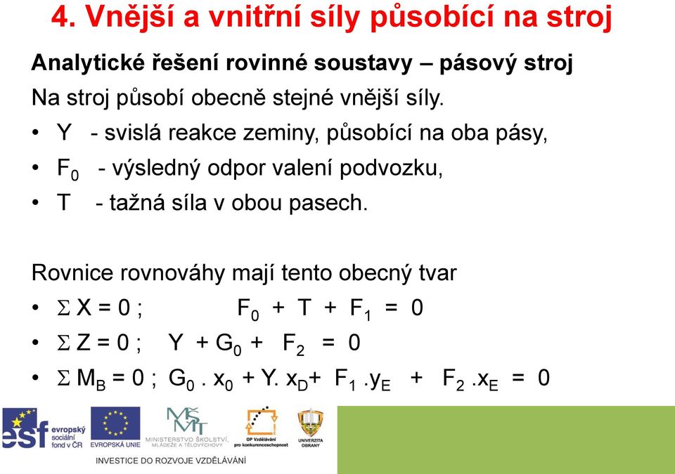 Y - svislá reakce zeminy, působící na oba pásy, F 0 - výsledný odpor valení podvozku, T - tažná