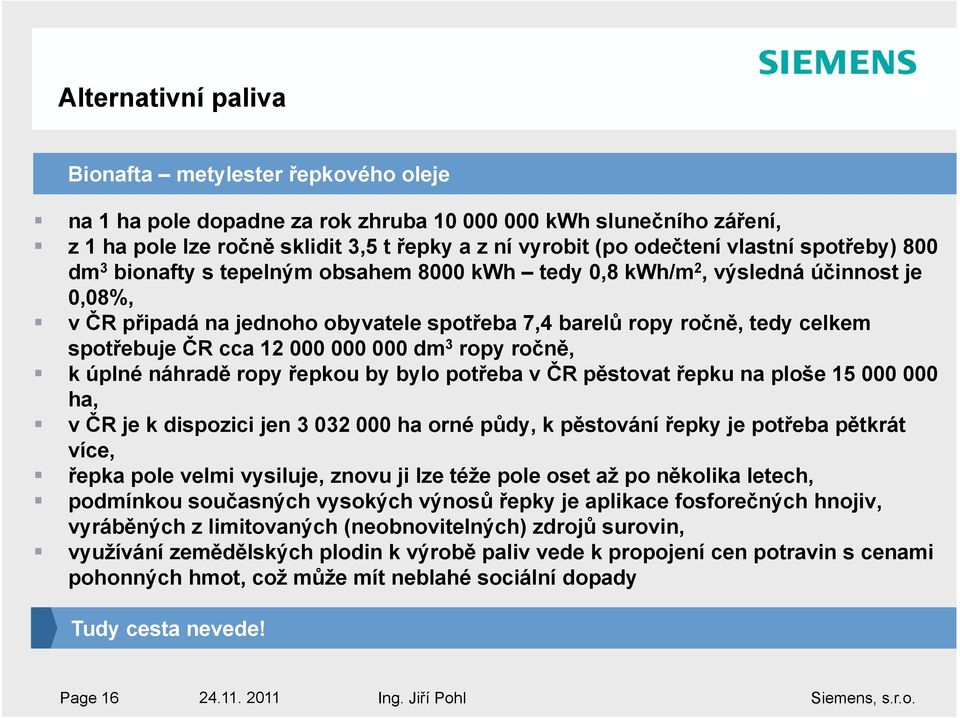 ČR cca 12 000 000 000 dm 3 ropy ročně, k úplné náhradě ropy řepkou by bylo potřeba v ČR pěstovat řepku na ploše 15 000 000 ha, v ČR je k dispozici jen 3 032 000 ha orné půdy, k pěstování řepky je