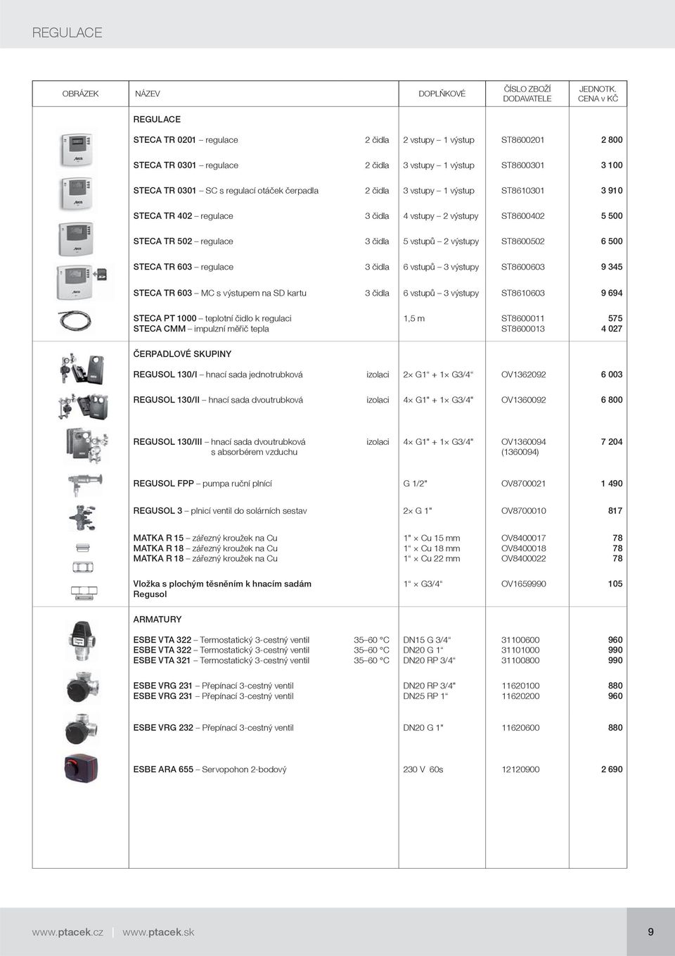 STECA TR 603 regulace 3 čidla 6 vstupů 3 výstupy ST8600603 9 345 STECA TR 603 MC s výstupem na SD kartu 3 čidla 6 vstupů 3 výstupy ST8610603 9 694 STECA PT 1000 teplotní čidlo k regulaci STECA CMM