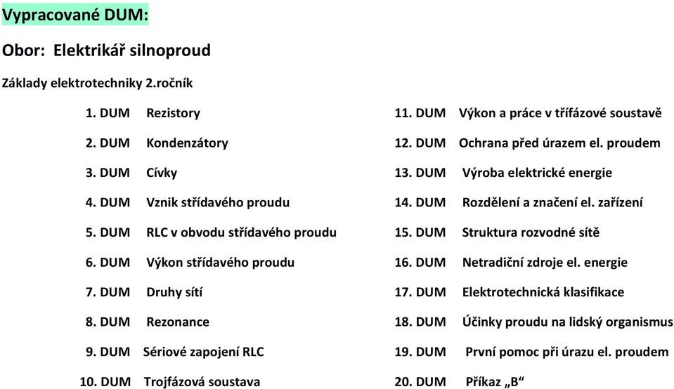 DUM RLC v obvodu střídavého proudu 15. DUM Struktura rozvodné sítě 6. DUM Výkon střídavého proudu 16. DUM Netradiční zdroje el. energie 7. DUM Druhy sítí 17.