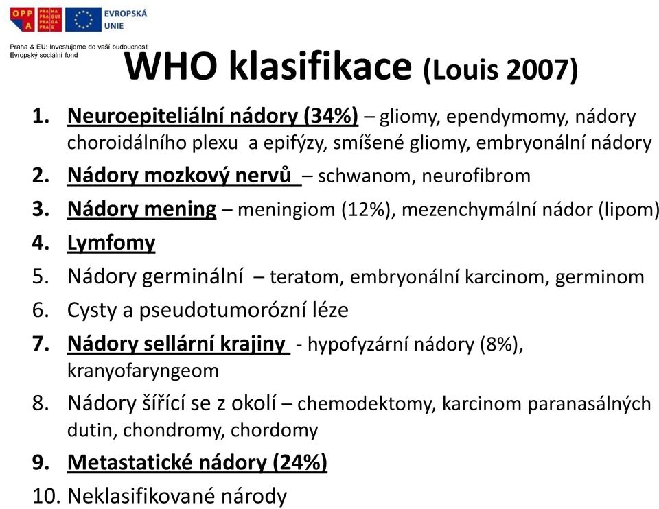 Nádory mozkový nervů schwanom, neurofibrom 3. Nádory mening meningiom (12%), mezenchymální nádor (lipom) 4. Lymfomy 5.