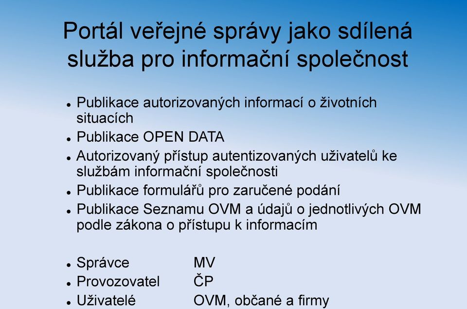 službám informační společnosti Publikace formulářů pro zaručené podání Publikace Seznamu OVM a údajů