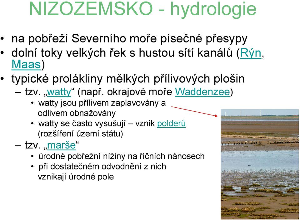 okrajové moře Waddenzee) watty jsou přílivem zaplavovány a odlivem obnažovány watty se často vysušují vznik