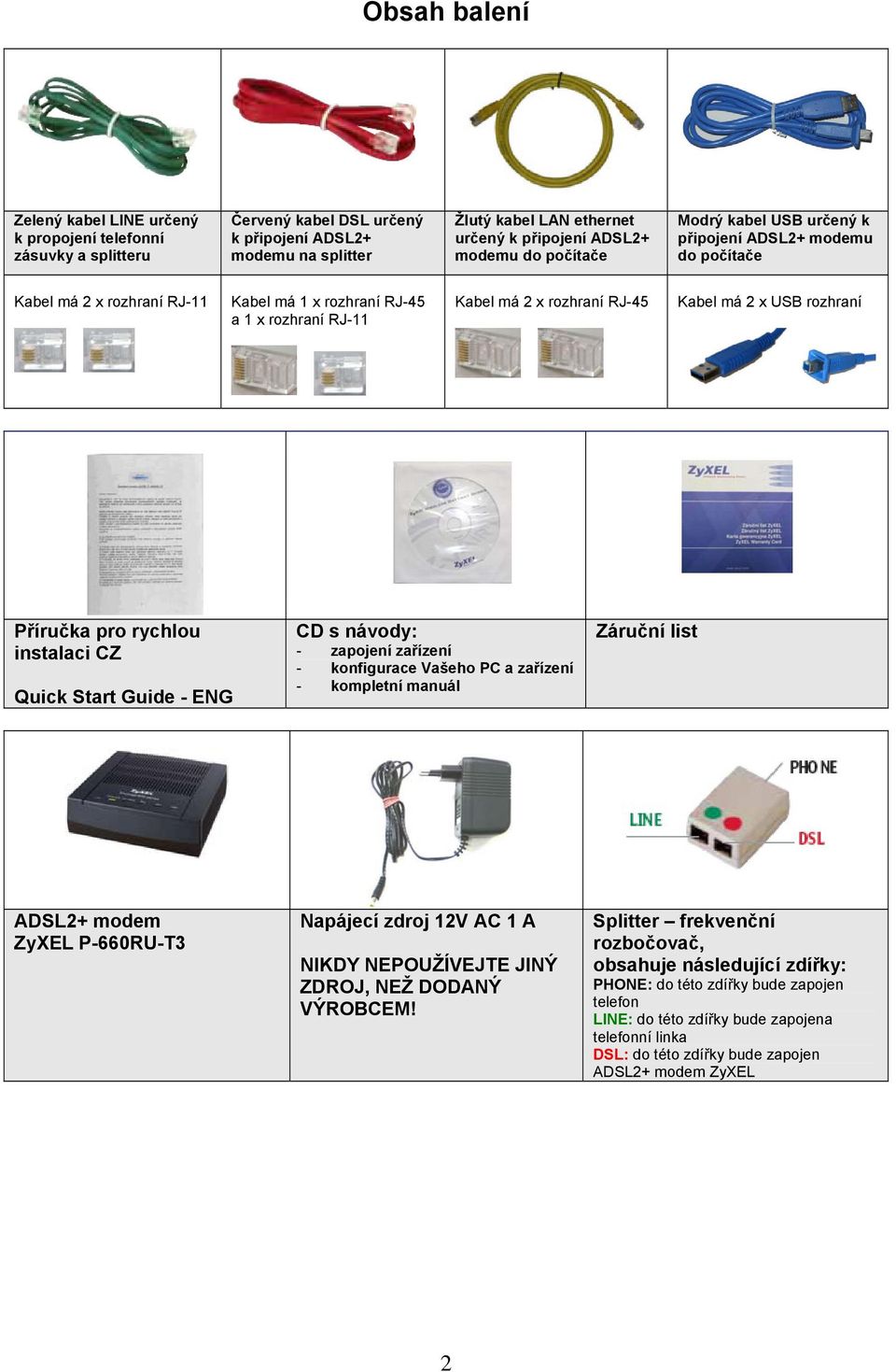 USB rozhraní Příručka pro rychlou instalaci CZ Quick Start Guide - ENG CD s návody: - zapojení zařízení - konfigurace Vašeho PC a zařízení - kompletní manuál Záruční list ADSL2+ modem ZyXEL