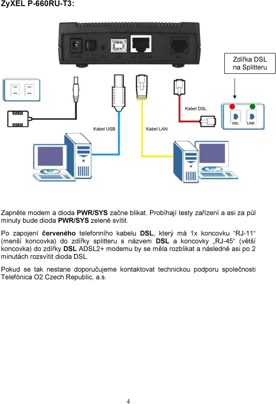 Po zapojení červeného telefonního kabelu DSL, který má 1x koncovku RJ-11 (menší koncovka) do zdířky splitteru s názvem DSL a koncovky RJ-45