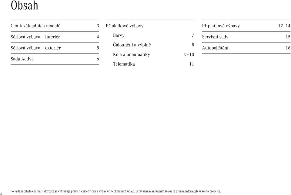 výbavy 12 14 Servisní sady 15 Autopojištění 16 2 Po vydání tohoto ceníku si dovozce si vyhrazuje