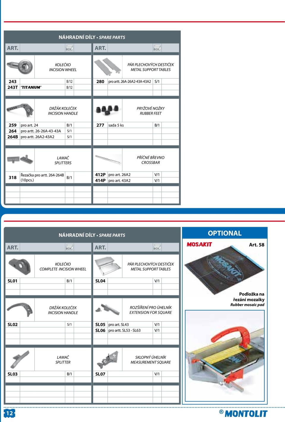 ) B/1 412P pro art. 26A2 V/1 414P pro art. 43A2 V/1 NÁHRADNÍ DÍLY SPARE PARTS RICAMBI SPARE PARTS PIECES DETACHEES ERSATZTEILE OPTIONAL MOSAKIT Art.