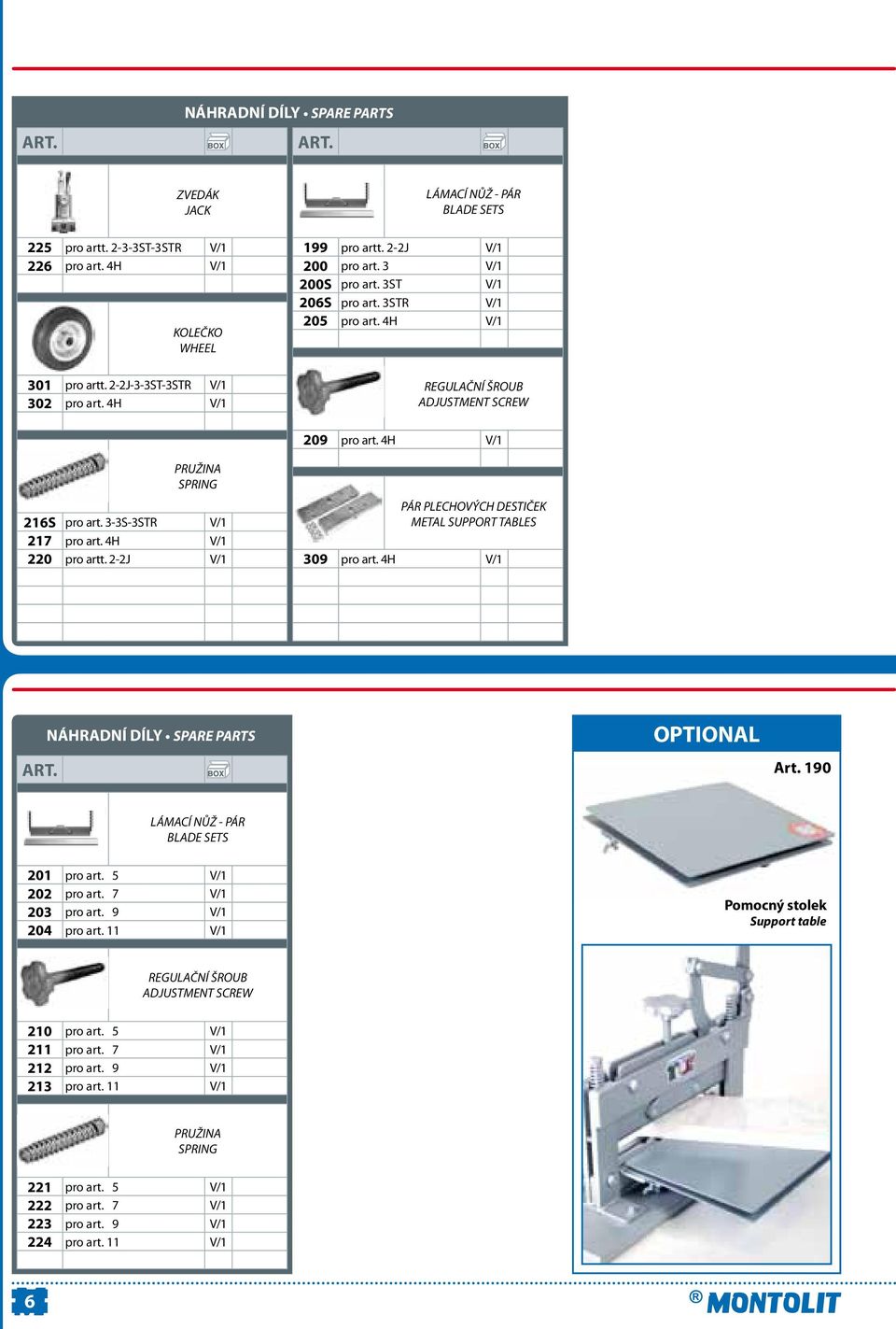 3-3S-3STR V/1 217 pro art. 4H V/1 220 pro artt. 2-2J V/1 PÁR PLECHOVÝCH DESTIČEK METAL SUPPORT TABLES 309 pro art. 4H V/1 NÁHRADNÍ DÍLY SPARE PARTS OPTIONAL Art.