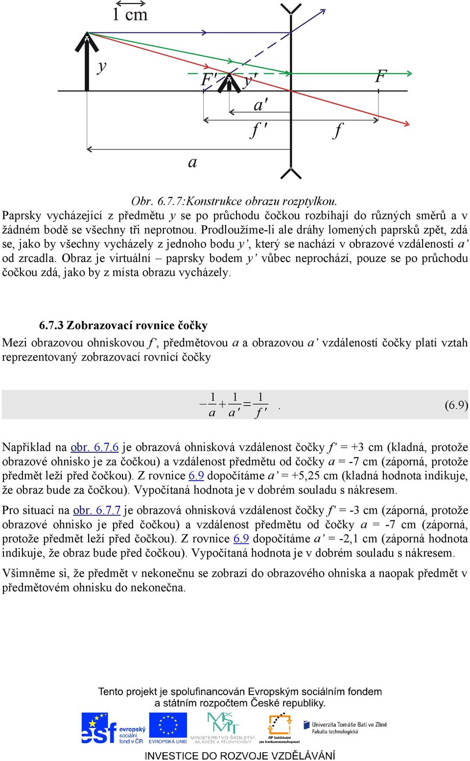 Obraz je virtuální paprsky bodem y vůbec neprochází, pouze se po průchodu čočkou zdá, jako by z místa obrazu vycházely. 6.7.