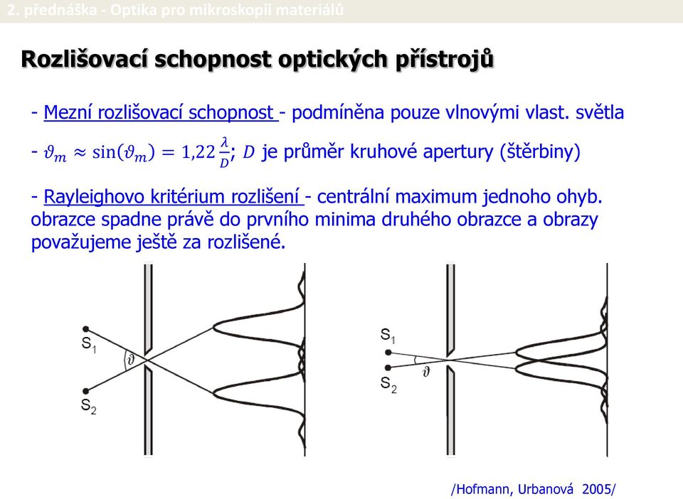 světla - θ m sin θ m = 1,22 λ ; D je průměr kruhové apertury (štěrbiny) D - Rayleighovo