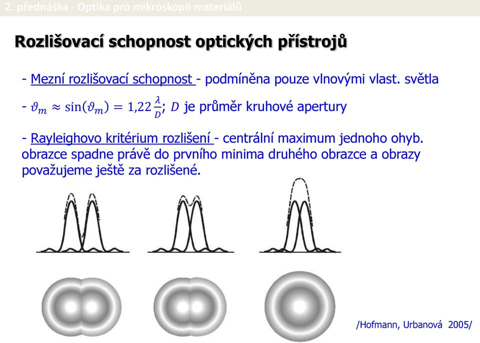 světla - θ m sin θ m = 1,22 λ ; D je průměr kruhové apertury D - Rayleighovo kritérium