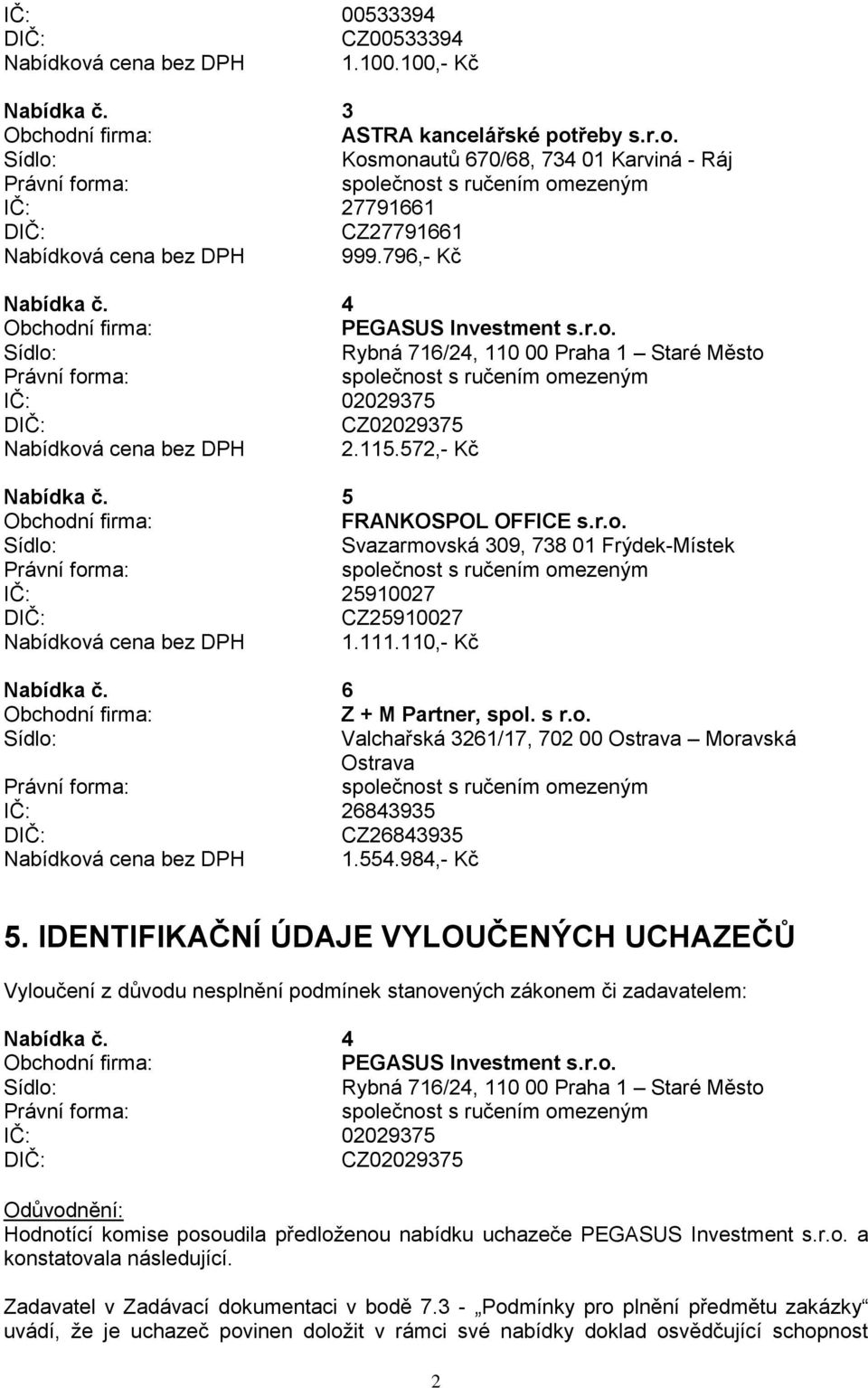 111.110,- Kč Nabídka č. 6 Z + M Partner, spol. s r.o. Valchařská 3261/17, 702 00 Ostrava Moravská Ostrava IČ: 26843935 CZ26843935 Nabídková cena bez DPH 1.554.984,- Kč 5.