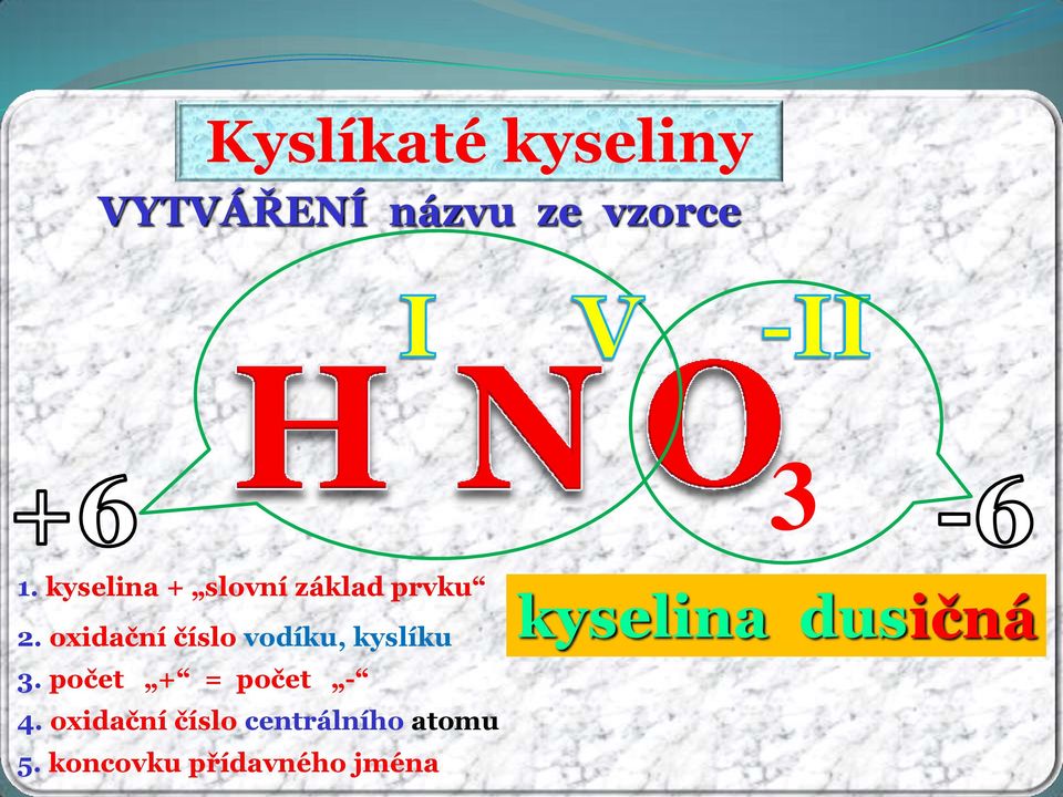 oxidační číslo vodíku, kyslíku 3. počet + = počet - 4.