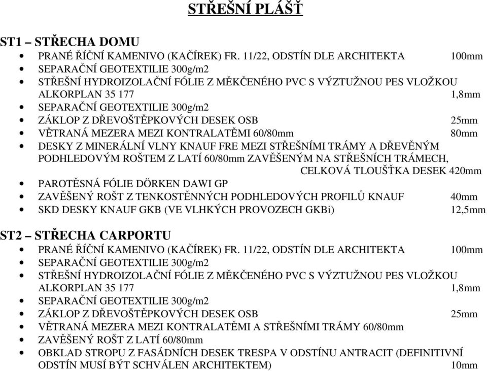 LATÍ 60/80mm ZAVĚŠENÝM NA STŘEŠNÍCH TRÁMECH, CELKOVÁ TLOUŠŤKA DESEK 420mm ZAVĚŠENÝ ROŠT Z TENKOSTĚNNÝCH PODHLEDOVÝCH PROFILŮ KNAUF 40mm SKD DESKY KNAUF GKB (VE VLHKÝCH PROVOZECH GKBi)