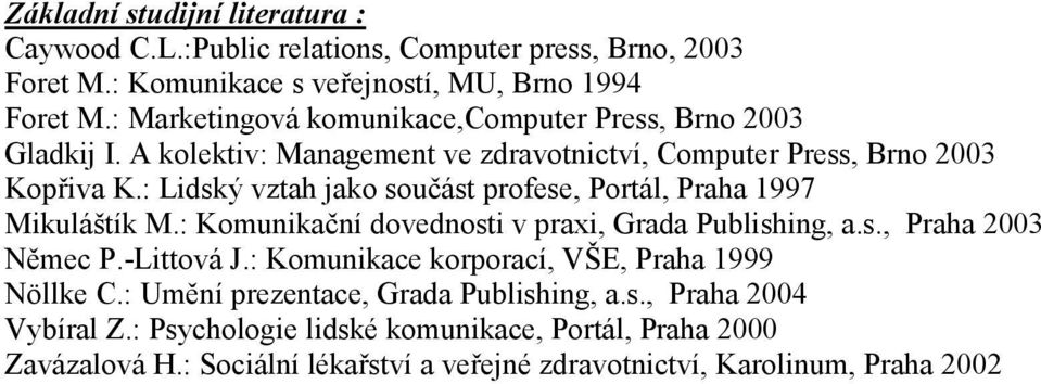 : Lidský vztah jako součást profese, Portál, Praha 1997 Mikuláštík M.: Komunikační dovednosti v praxi, Grada Publishing, a.s., Praha 2003 Němec P.-Littová J.