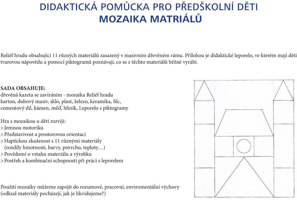 SADA OBSAHUJE: dřevěná kazeta se zavíráním - mozaika Reliéf hradu karton, dubový masiv, sklo, plast, železo, keramika, filc, cementový díl, kámen, měď, hliník, Leporelo s piktogramy Hra s mozaikou u