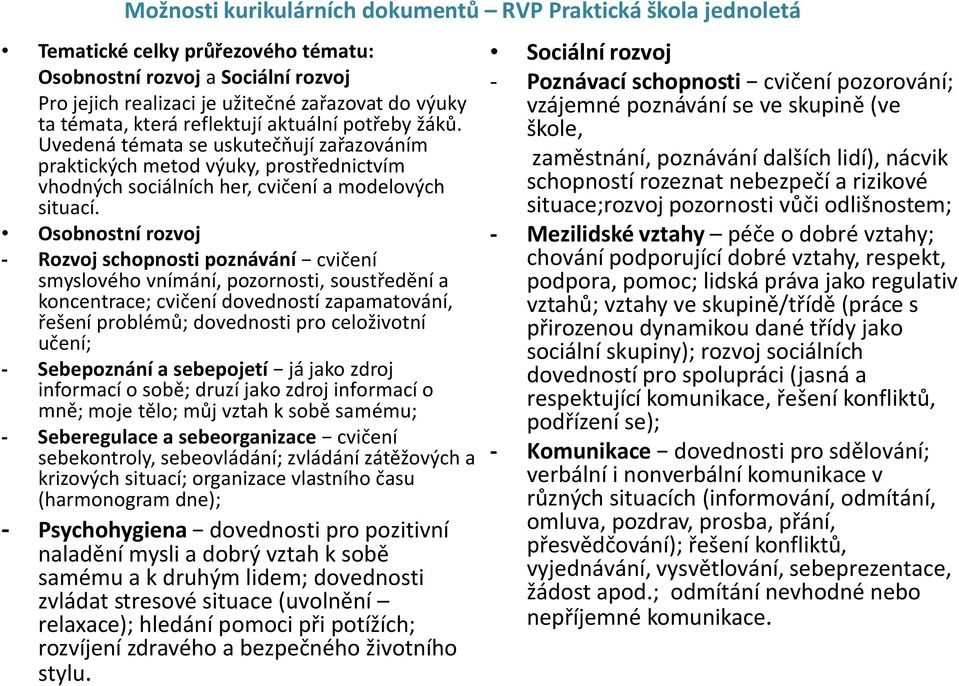 Osobnostní rozvoj - Rozvoj schopnosti poznávání cvičení smyslového vnímání, pozornosti, soustředění a koncentrace; cvičení dovedností zapamatování, řešení problémů; dovednosti pro celoživotní učení;