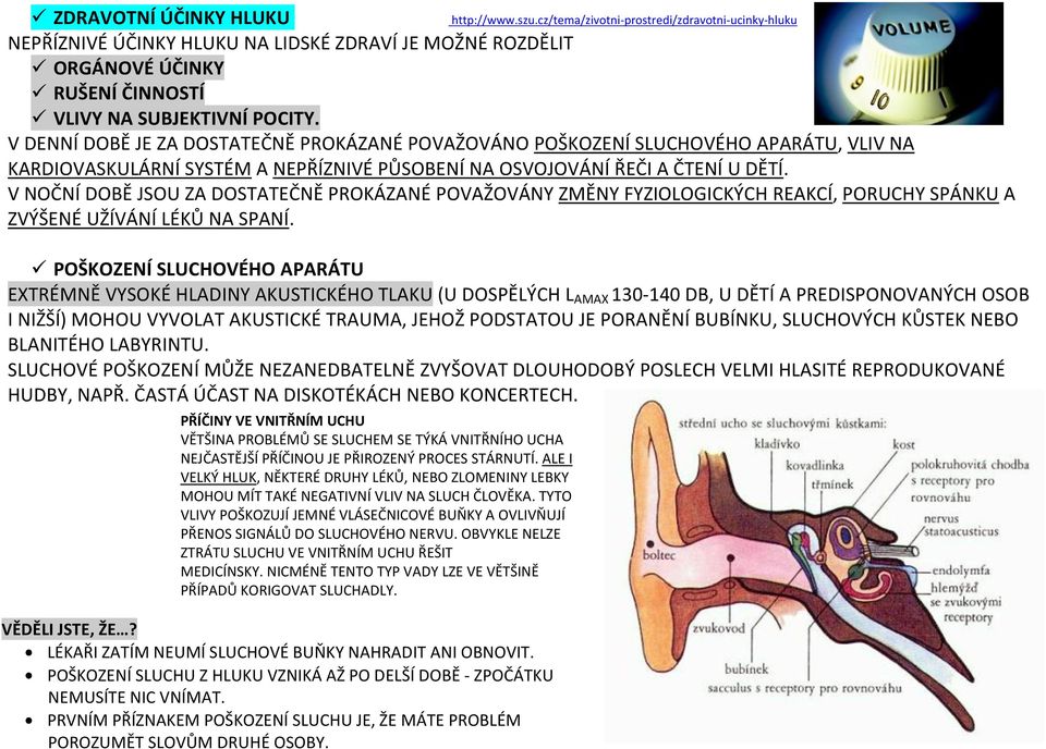 V DENNÍ DOBĚ JE ZA DOSTATEČNĚ PROKÁZANÉ POVAŽOVÁNO POŠKOZENÍ SLUCHOVÉHO APARÁTU, VLIV NA KARDIOVASKULÁRNÍ SYSTÉM A NEPŘÍZNIVÉ PŮSOBENÍ NA OSVOJOVÁNÍ ŘEČI A ČTENÍ U DĚTÍ.