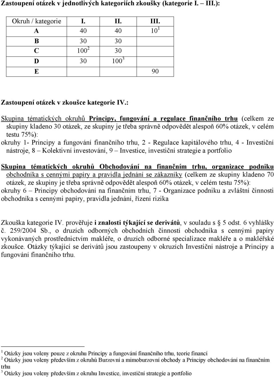 1- Principy a fungování finančního trhu, 2 - Regulace kapitálového trhu, 4 - Investiční nástroje, 8 Kolektivní investování, 9 Investice, investiční strategie a portfolio Skupina tématických okruhů