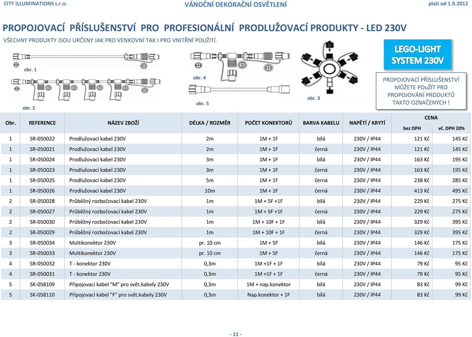 5 BARVA KABELU NAPĚTÍ / KRYTÍ 1 SR-050022 Prodlužovací kabel 230V 2m 1M + 1F bílá 230V / IP44 121 Kč 145 Kč 1 SR-050021 Prodlužovací kabel 230V 2m 1M + 1F černá 230V / IP44 121 Kč 145 Kč 1 SR-050024