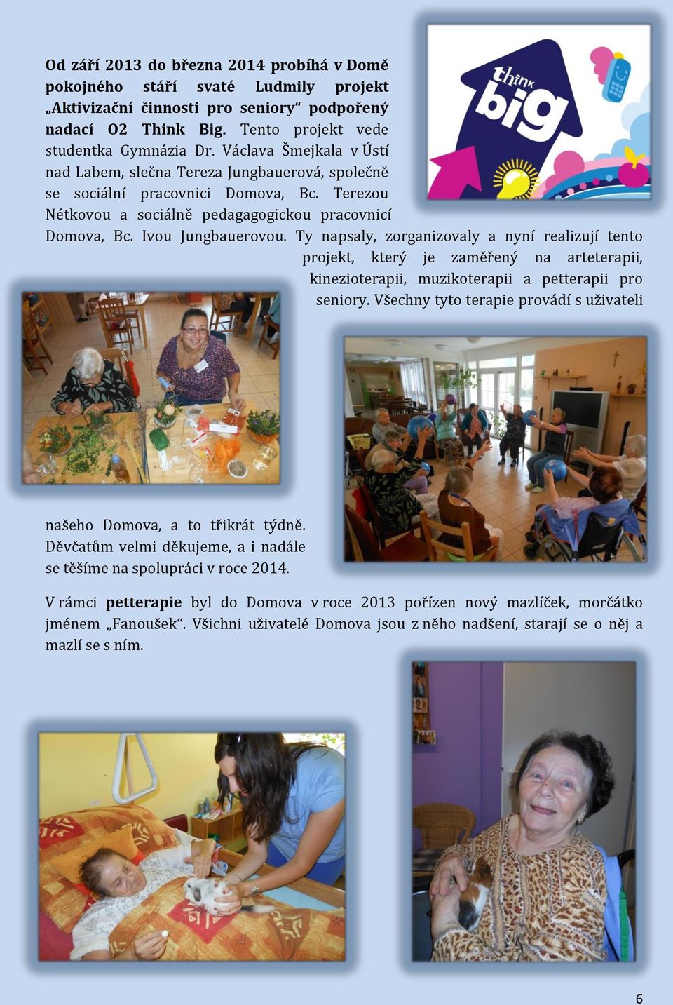 Ty napsaly, zorganizovaly a nyní realizují tento projekt, který je zaměřený na arteterapii, kinezioterapii, muzikoterapii a petterapii pro seniory.