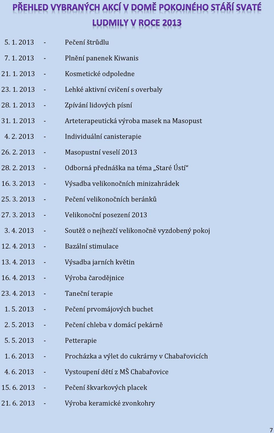 3. 2013 - Velikonoční posezení 2013 3. 4. 2013 - Soutěž o nejhezčí velikonočně vyzdobený pokoj 12. 4. 2013 - Bazální stimulace 13. 4. 2013 - Výsadba jarních květin 16. 4. 2013 - Výroba čarodějnice 23.