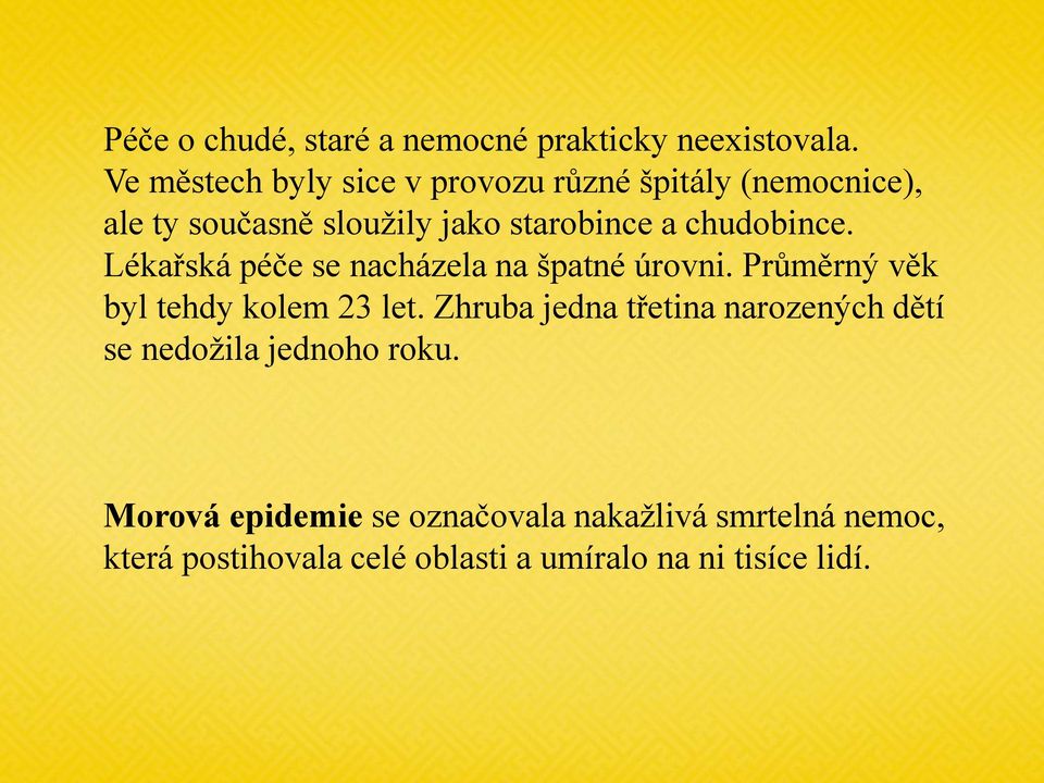 chudobince. Lékařská péče se nacházela na špatné úrovni. Průměrný věk byl tehdy kolem 23 let.