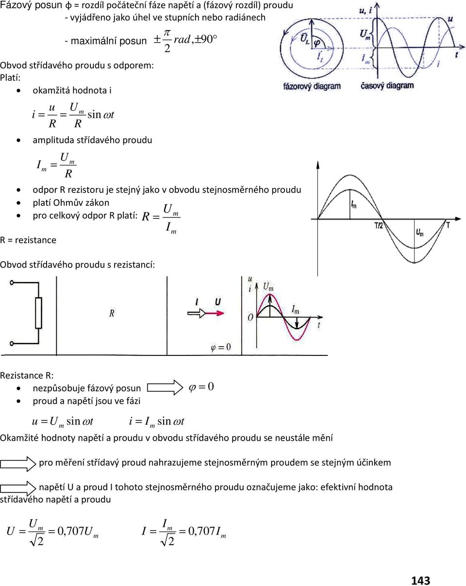 střídavého proudu s rezistancí: π Rezistance R: nezpůsobuje fázový posun proud a napětí jsou ve fázi ϕ 0 u sinωt i sinωt Okažité hodnoty napětí a proudu v obvodu střídavého proudu se