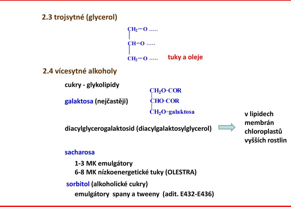 diacylglycerogalaktosid (diacylgalaktosylglycerol) sacharosa CH 2 CR CH CR CH 2 galaktosa 1-3